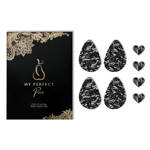 My Perfect Pair brand black luxury lace breast tape patches with nipple covers