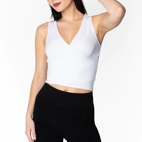 C'est Moi brand Bamboo Wrap Top in a Ribbed material with wide sleeveless straps in white  